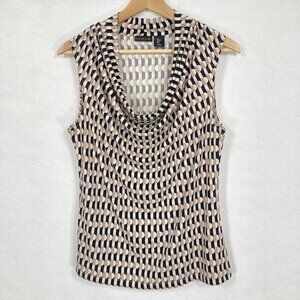 Tahari  Geometric Print Black And Tan Sleeveless Pullover Draped Neckline Blouse